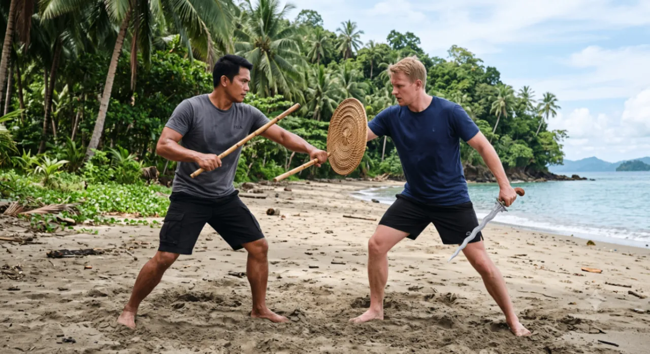 FMA-Waffentraining am Strand: Zwei Trainierende mit Stock, Schwert und Schild bei Eskrima, Arnis & Kali – CFC Kampfkunstschule Villach
