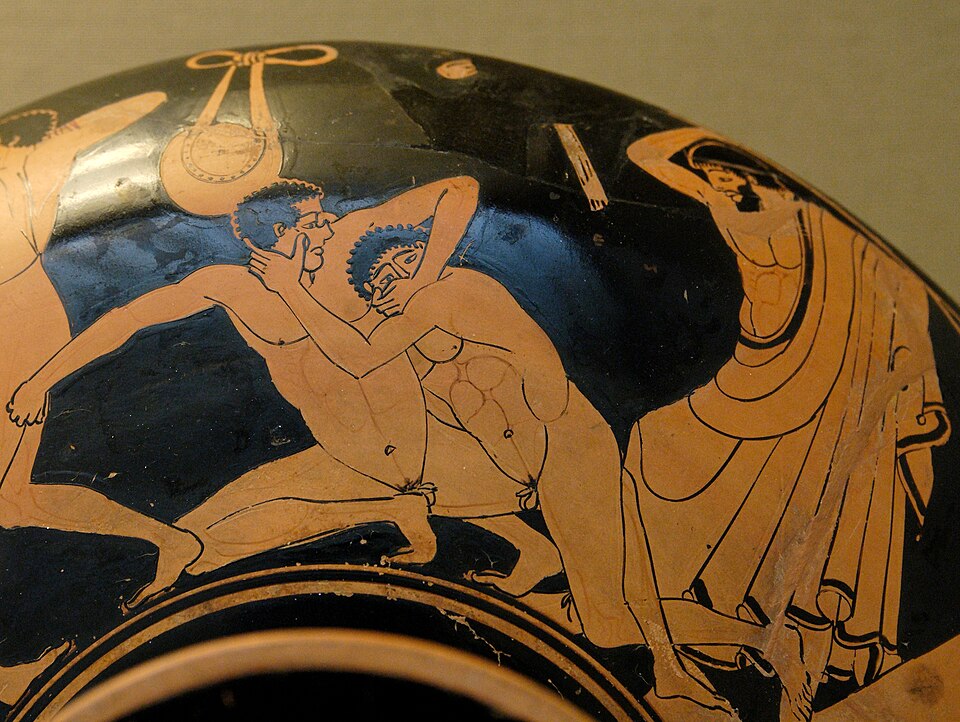 Antike griechische Vasenmalerei eines Pankration-Kampfes