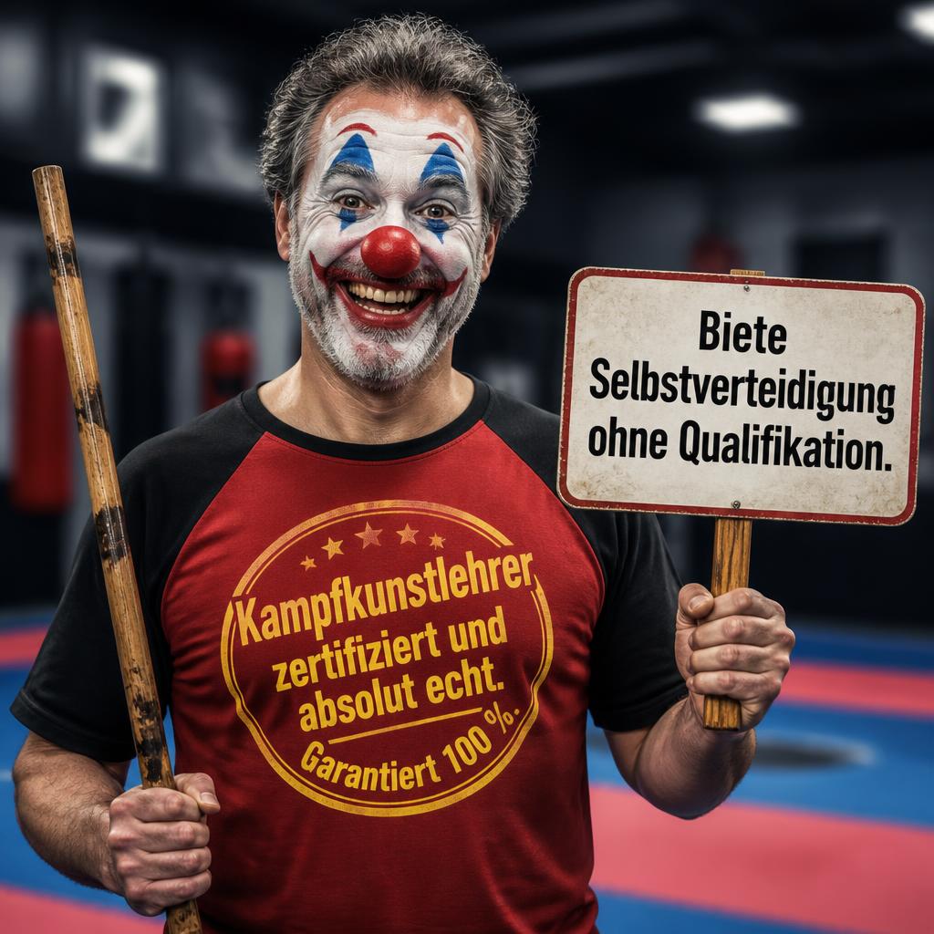 Satirische Darstellung eines unqualifizierten Kampfkunstlehrers als Clown mit Schild: „Biete Selbstverteidigung ohne Qualifikation“