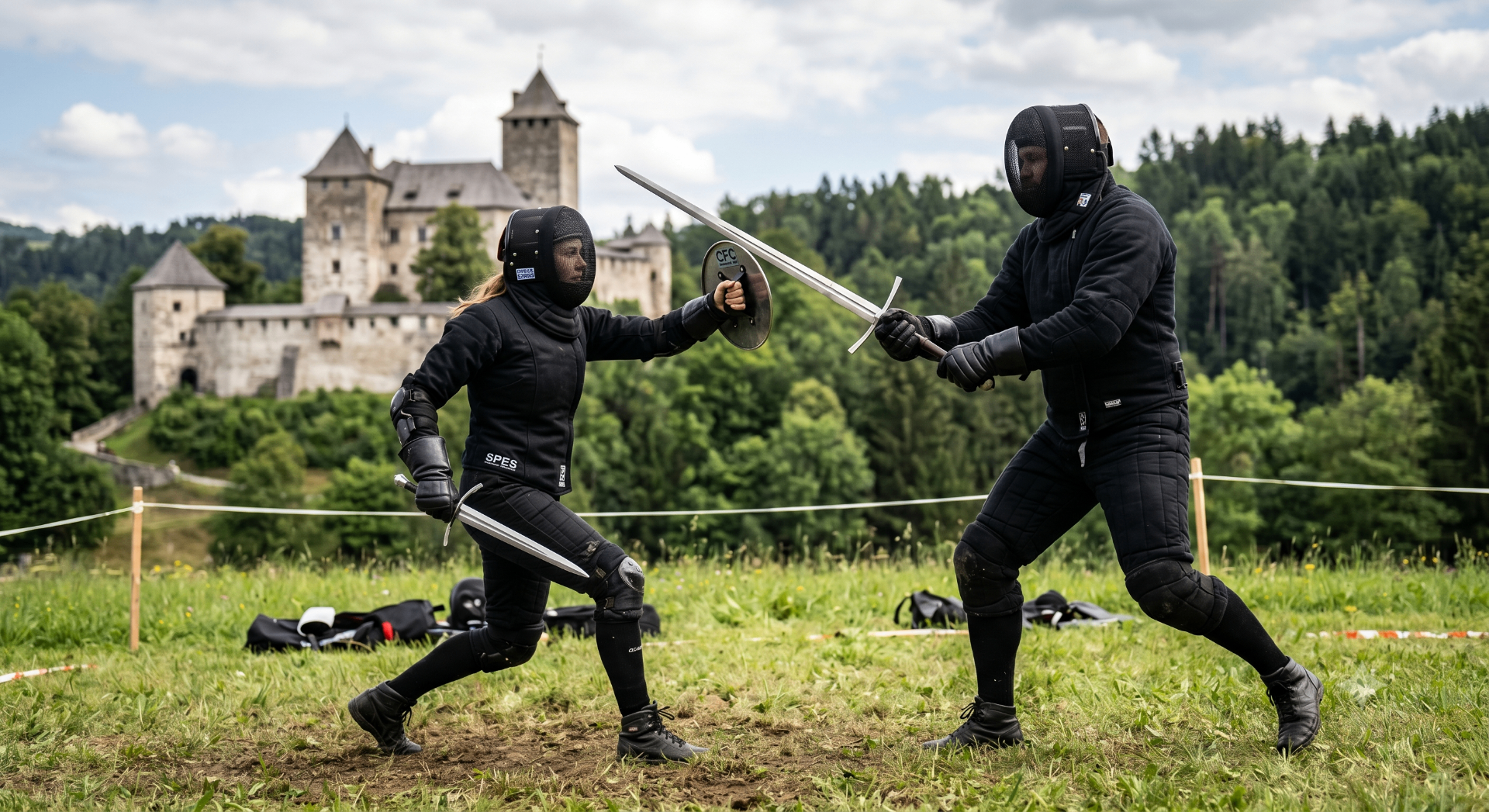 HEMA Langschwert-Duell mit Fechtmasken vor einer Kärntner Burg