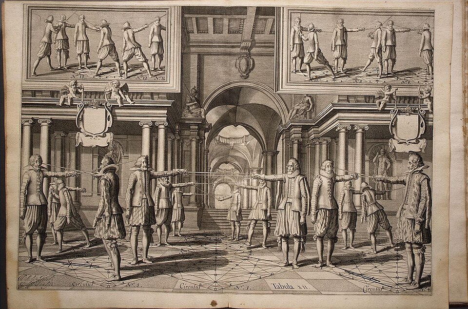 Historischer Kupferstich: zwei Fechter mit Rapier im geometrischen Kreis der Destreza (Thibault, 1628)