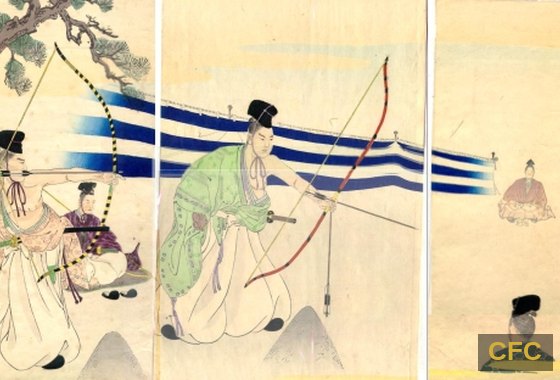 Historische japanische Darstellung von Bogenschützen mit dem Yumi