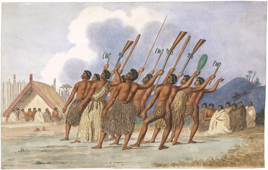 Historische Darstellung eines Māori-Kriegstanzes (Haka) mit Waffen