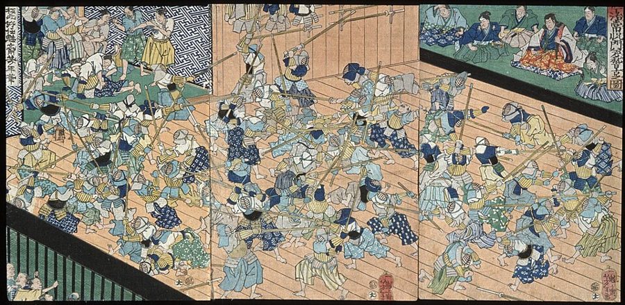 Historischer japanischer Holzschnitt: Fechtübung mit Bambusschwertern