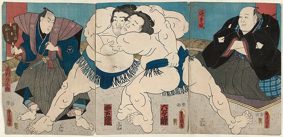 Historischer japanischer Holzschnitt eines Sumo-Kampfes (1854)