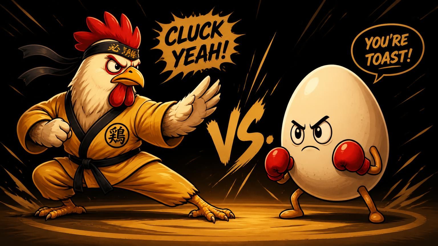 Cartoon: Huhn im Kampfkunst-Gi gegen Ei mit Boxhandschuhen – Was war zuerst da?