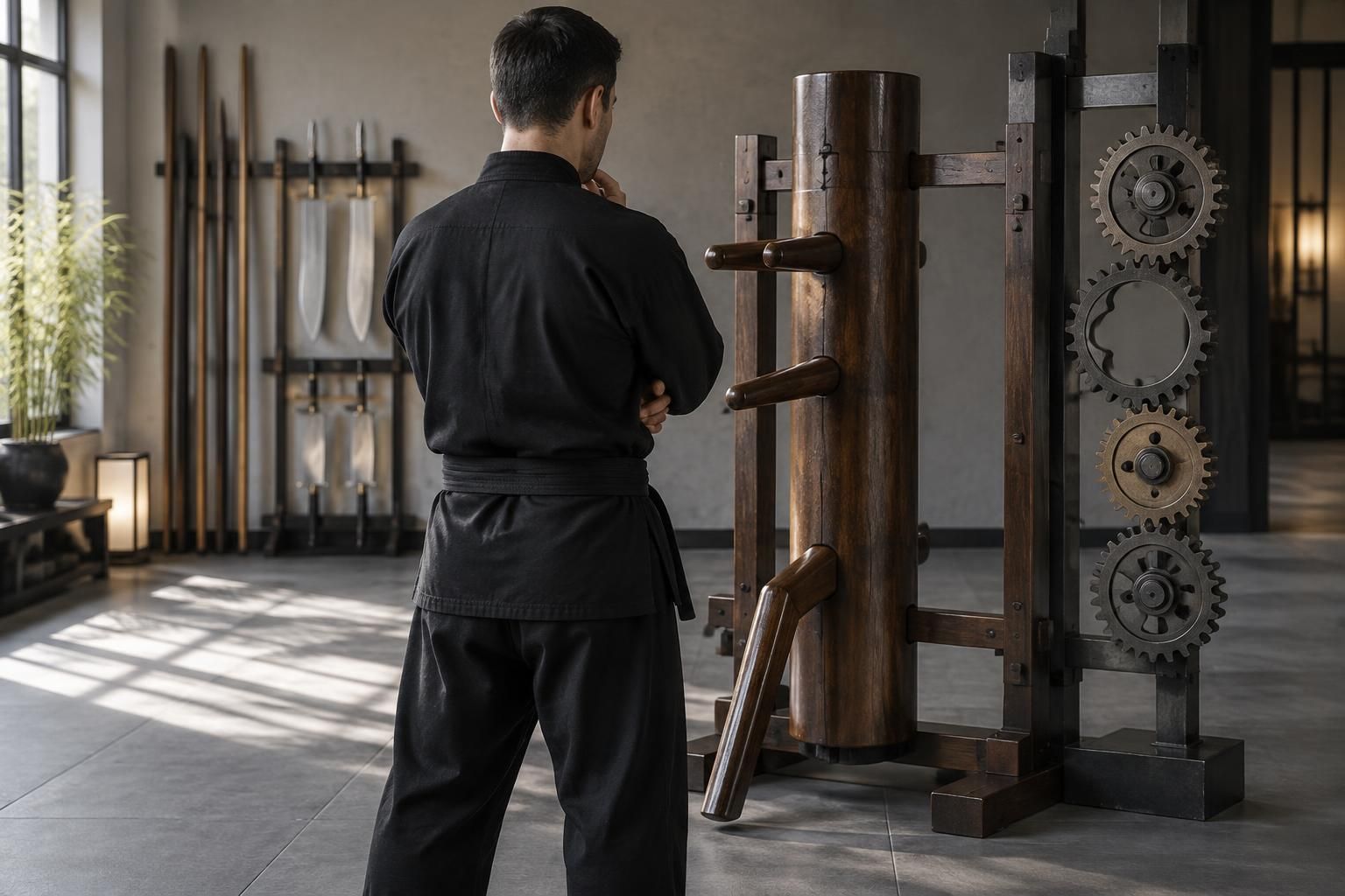 Wing-Chun-Holzpuppe und Zahnräder mit einem fehlenden Element als Symbol für eine unvollständige Ausbildung
