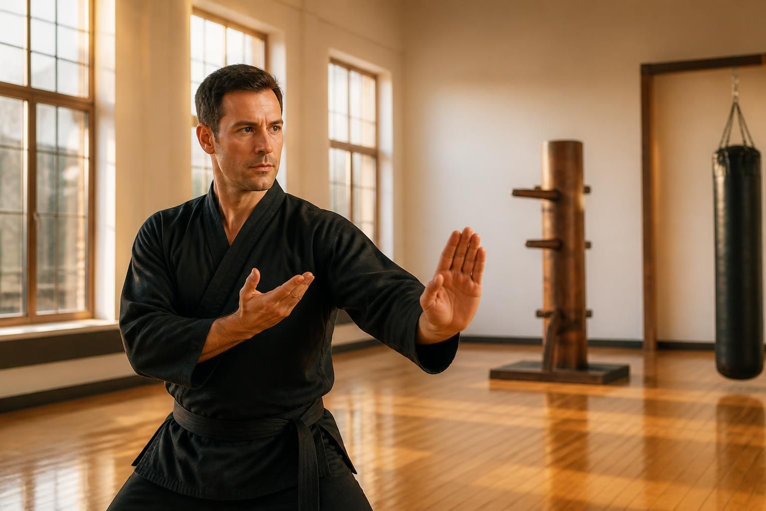 Fokussierter Kampfkünstler in Wing-Chun-Bereitschaftsstellung in einer hellen, warm belichteten Kampfkunstschule in Villach, Kärnten – Holzpuppe und Boxsack im Hintergrund