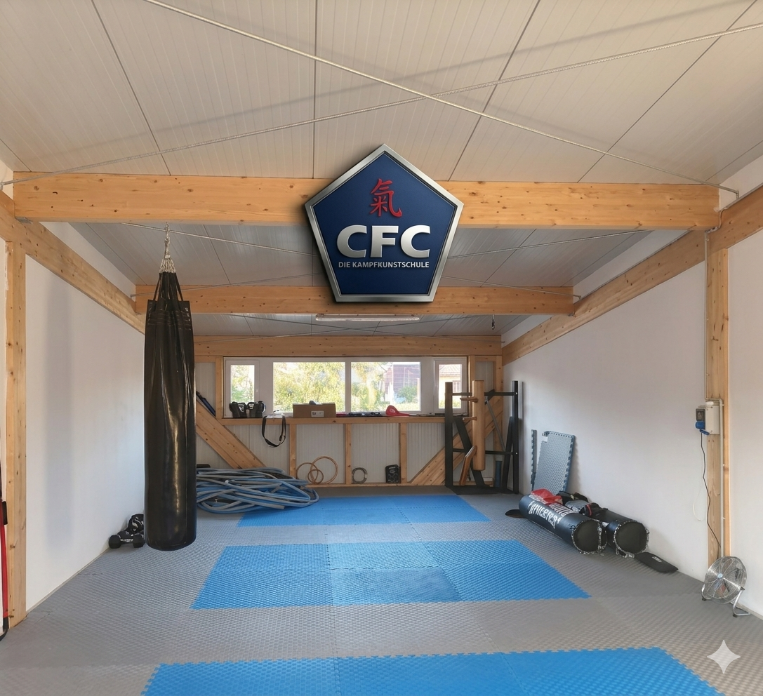Trainingshalle von CFC in Villach mit blaugrauen Matten und Boxsäcken