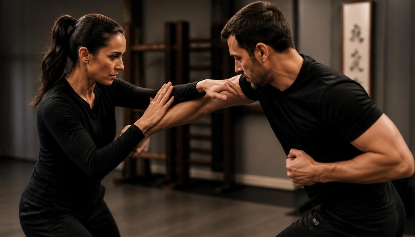 Zwei Trainingsteilnehmer üben realistische Selbstverteidigung und Wing Chun in fokussierter, privater Atmosphäre.